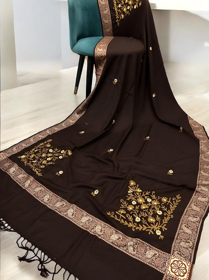 Chocolate Rose Gold Border Embroidered Mustard Floral Shawl