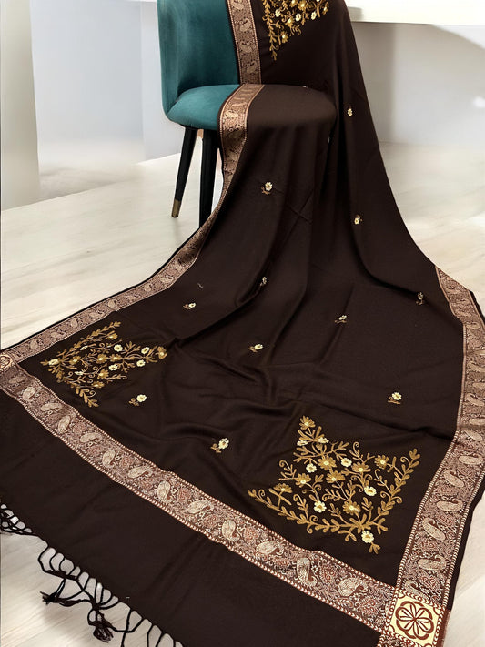 Chocolate Rose Gold Border Embroidered Mustard Floral Pashmina Shawl