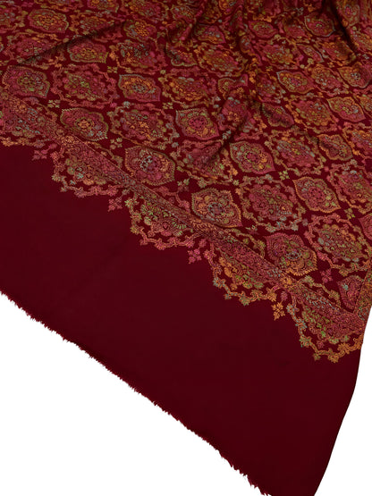 Maroon Multi - Damask Hand-Embroidered Kashmiri Shawl