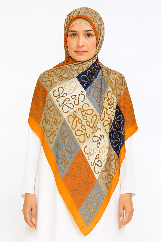 Large Satin Silk Scarf - Marigold Patterned