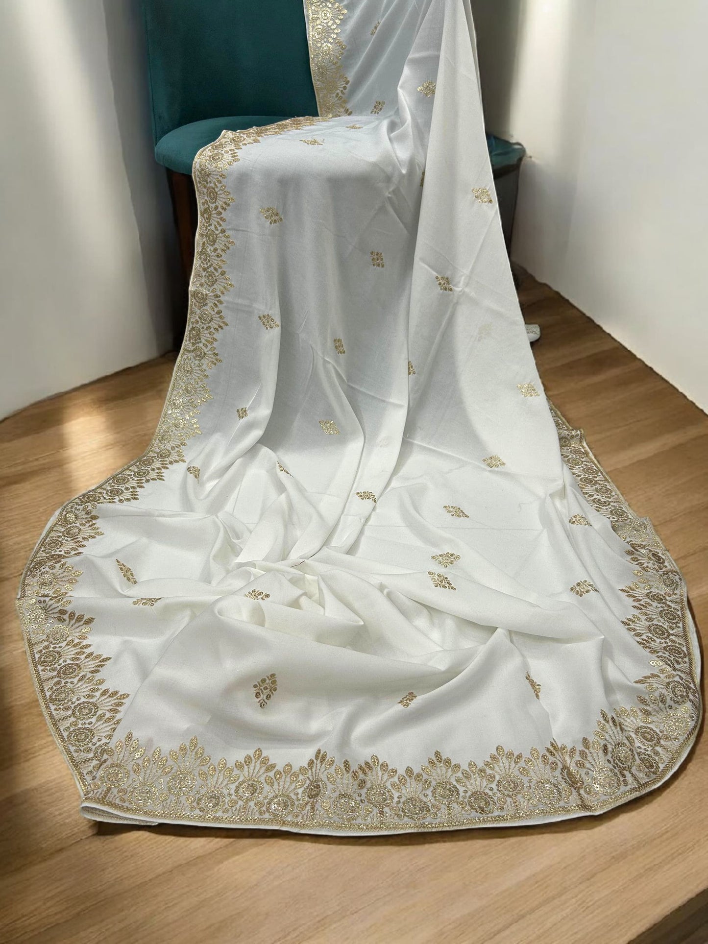 White Gold Floral Sequence Bridal Embroidered Shaal