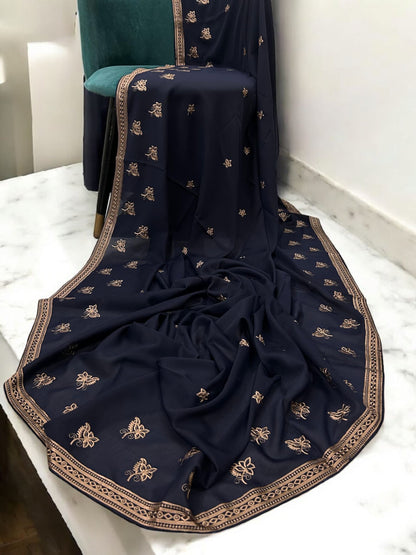 Navy Peach Fancy Double Embroidered Floral Shaal