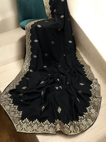 Black Gold Floral Sequence Bridal Embroidered Shaal