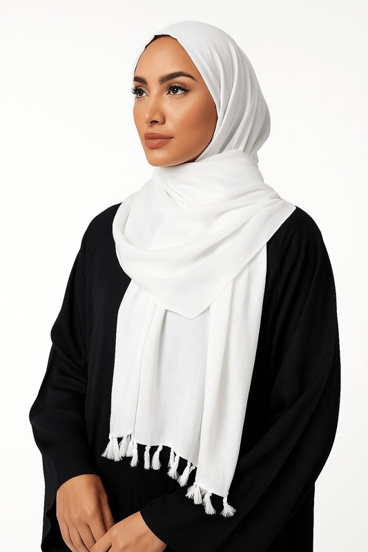 White - Lawn Tassel Hijab