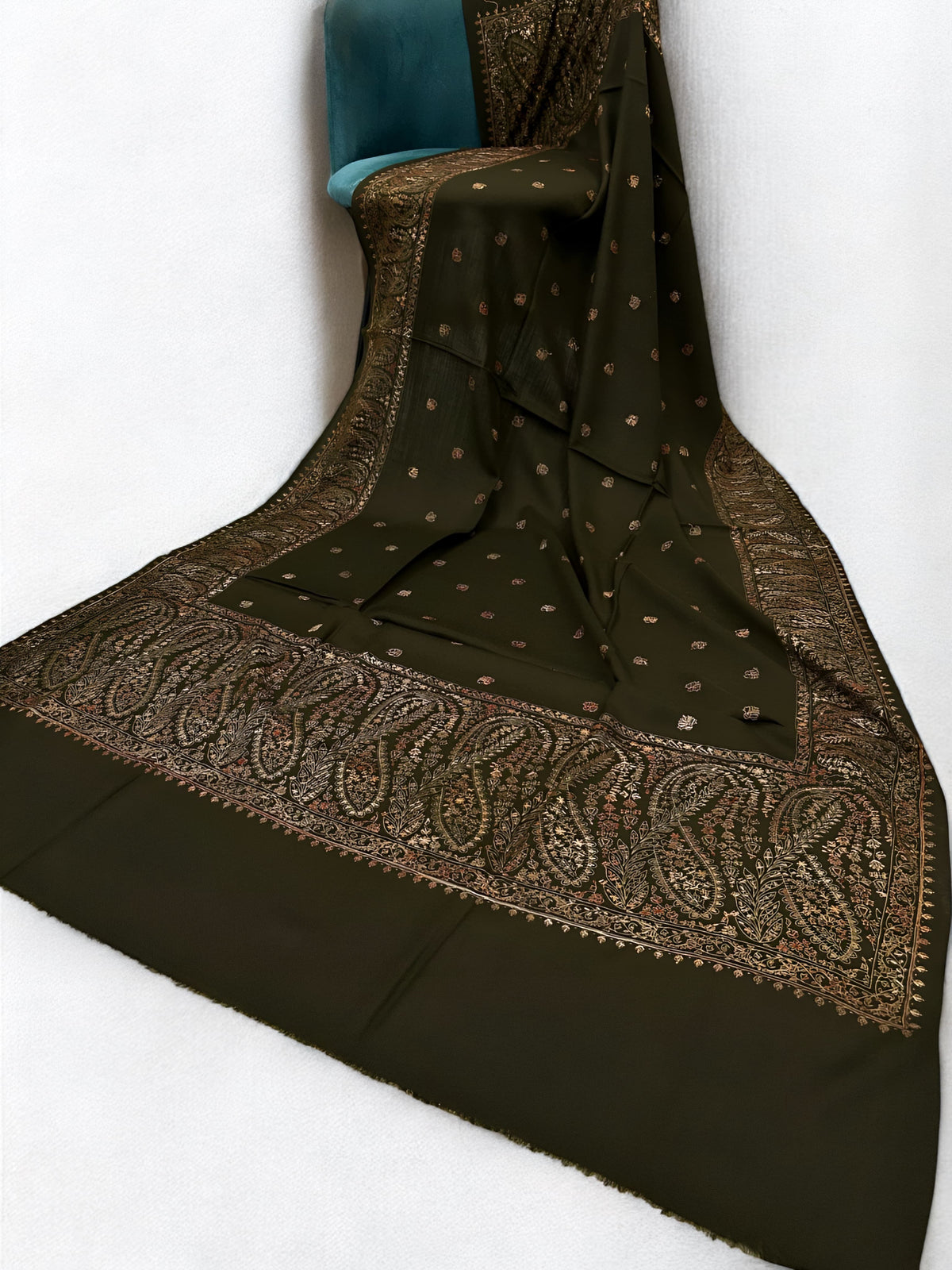 Olive Green Multi - Hand Embroidered Paisley Kashmiri Shawl