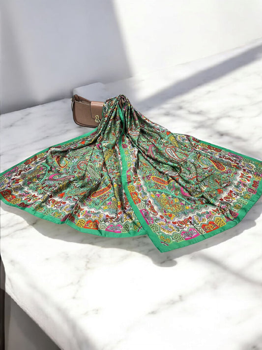 Large Satin Silk Scarf - Garden Green Floral