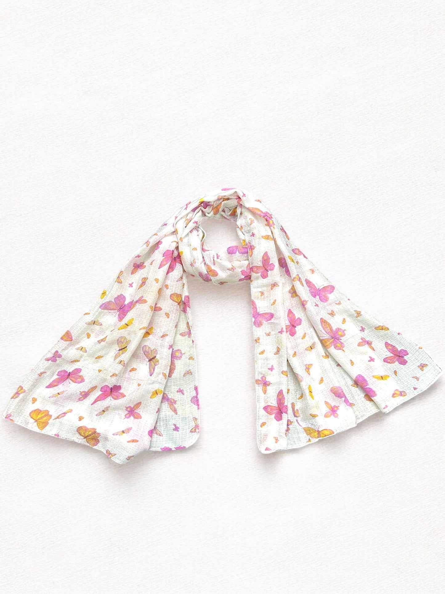 Creamy White Pink Butterfly Printed Lawn Hijab