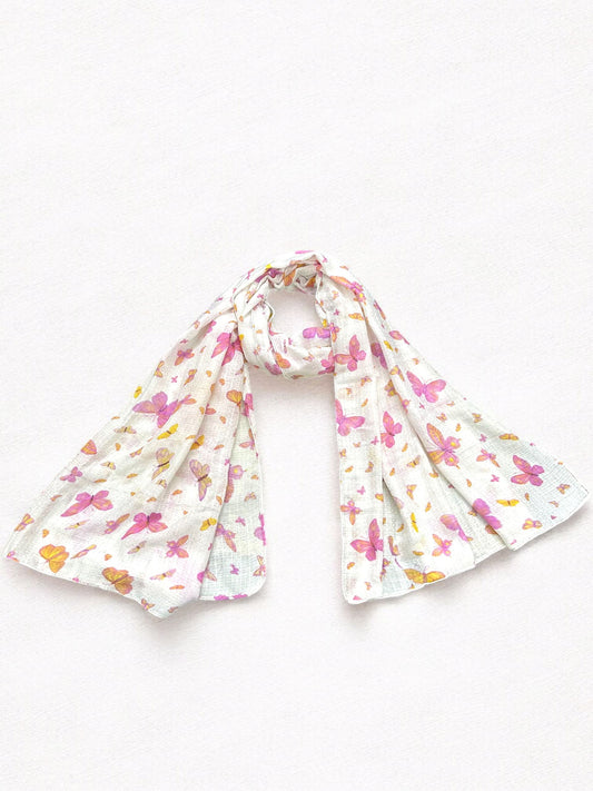 Creamy White Pink Butterfly Printed Lawn Hijab
