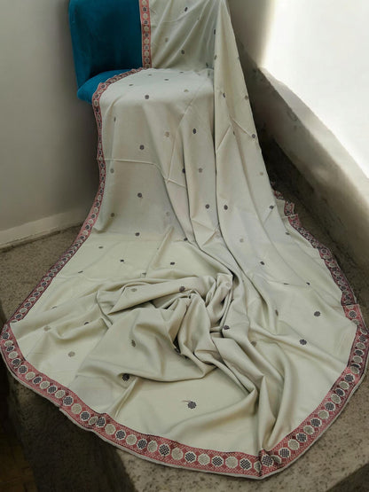 Cream White Rust Circles Fancy Embroidered Shaal