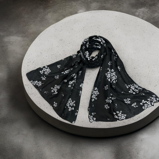 Black Grey Lilacs Printed Modal Hijab