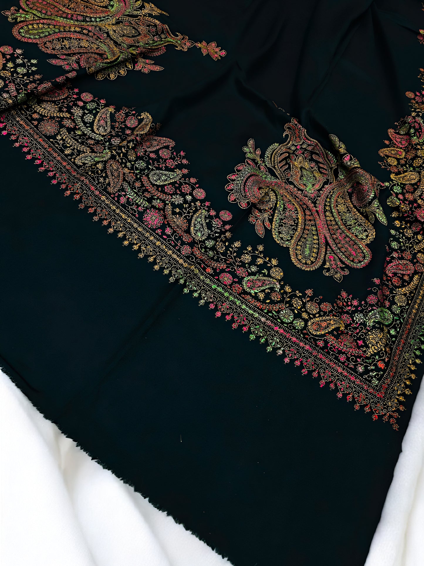 Black Pink Multi - Hand Embroidered Paisley Kashmiri Shawl