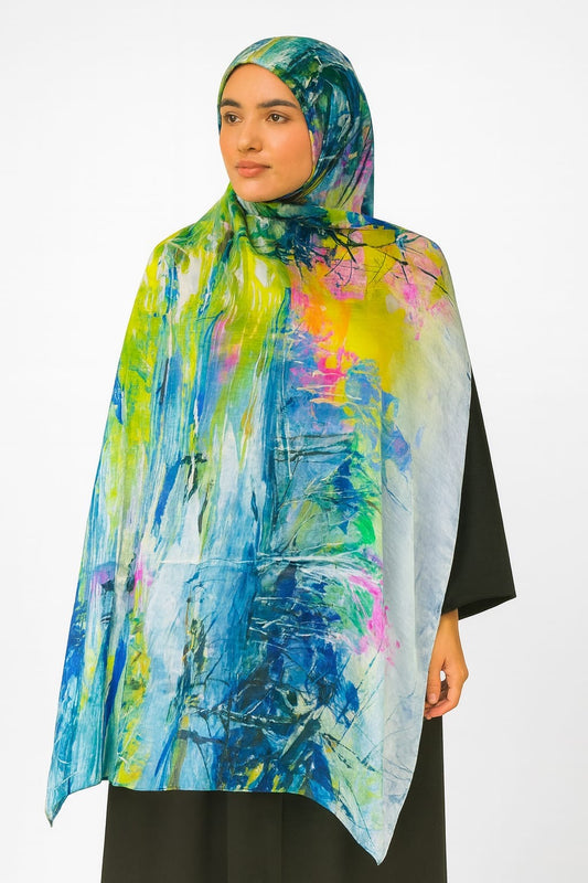Large Satin Silk Scarf - Zinc Blue Abstract