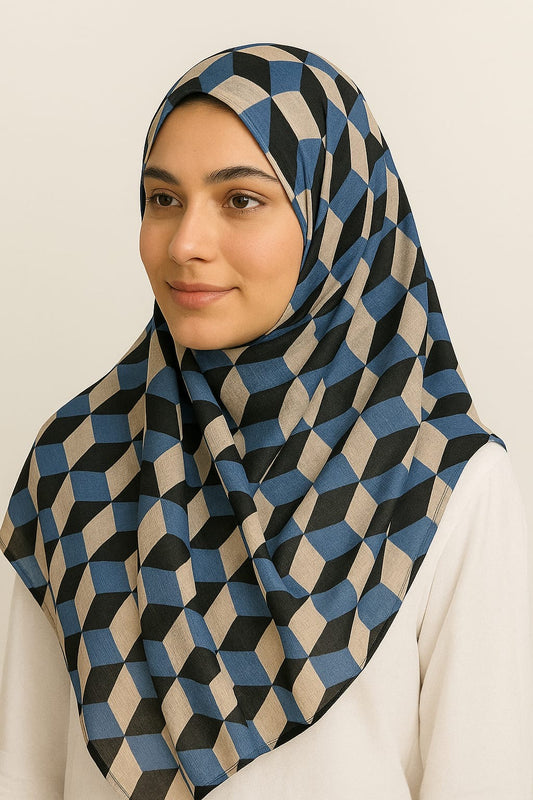 Blue Black Patterned Printed Modal Hijab