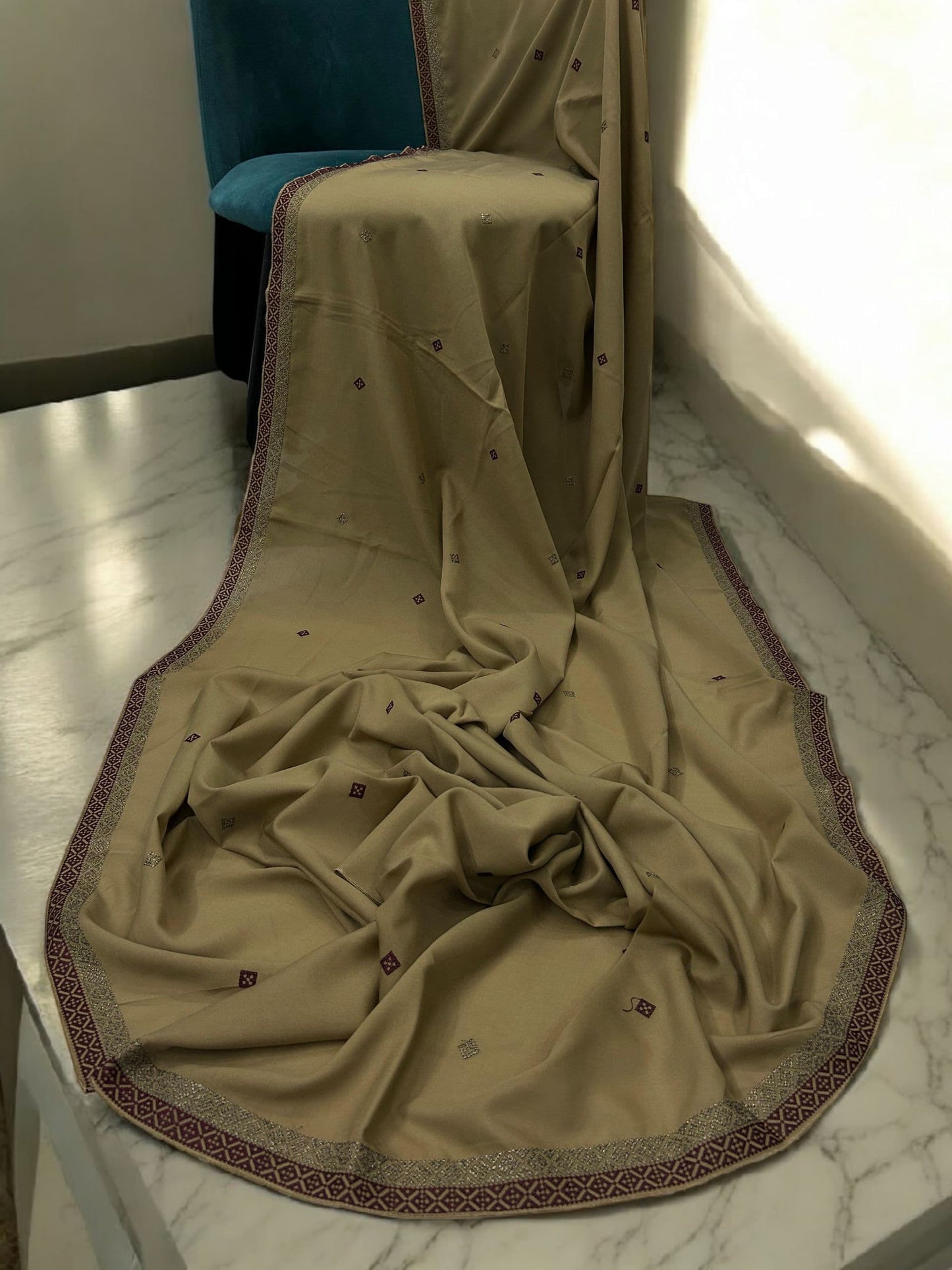 Tortilla Brown Double Border Embroidered Shaal