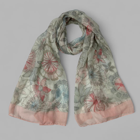 Baby Pink White Floral Printed Modal Hijab