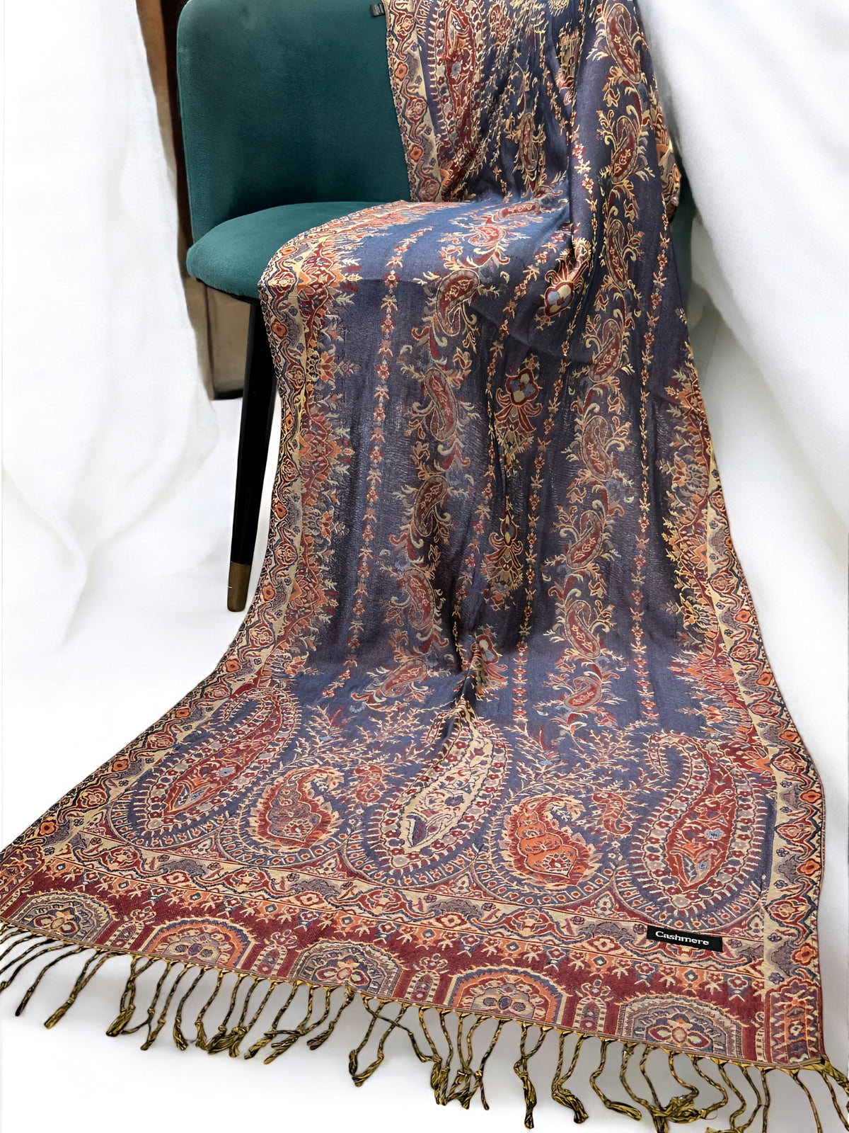 Indigo Blue Rust Persian Linear Paisley Two-Tone Pashmina Hijab