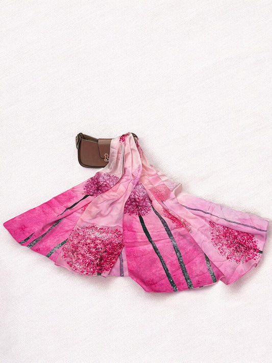 Large Satin Silk Scarf - Pink Shaded Flowers