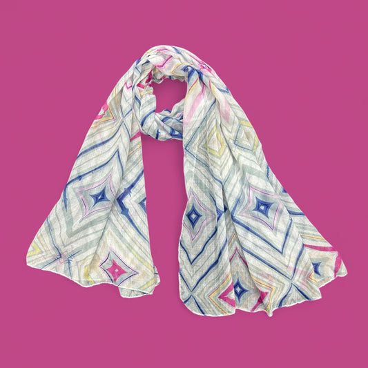 White Colorful Diamond Printed Modal Hijab