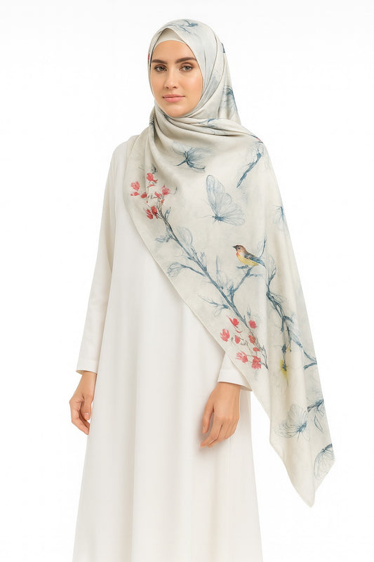 Large Satin Silk Scarf - White Floral Birds