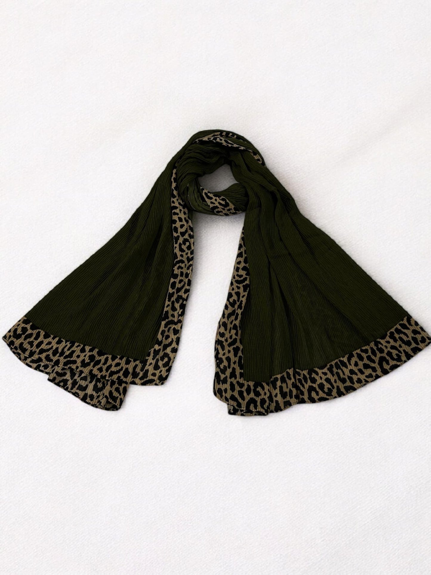 Olive Beige Leopard Border Printed Pleated Modal Hijab