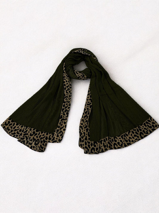 Olive Beige Leopard Border Printed Pleated Modal Hijab