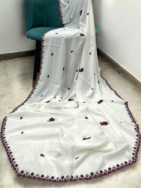 Off White Maroon Cutwork Floral Border Shaal