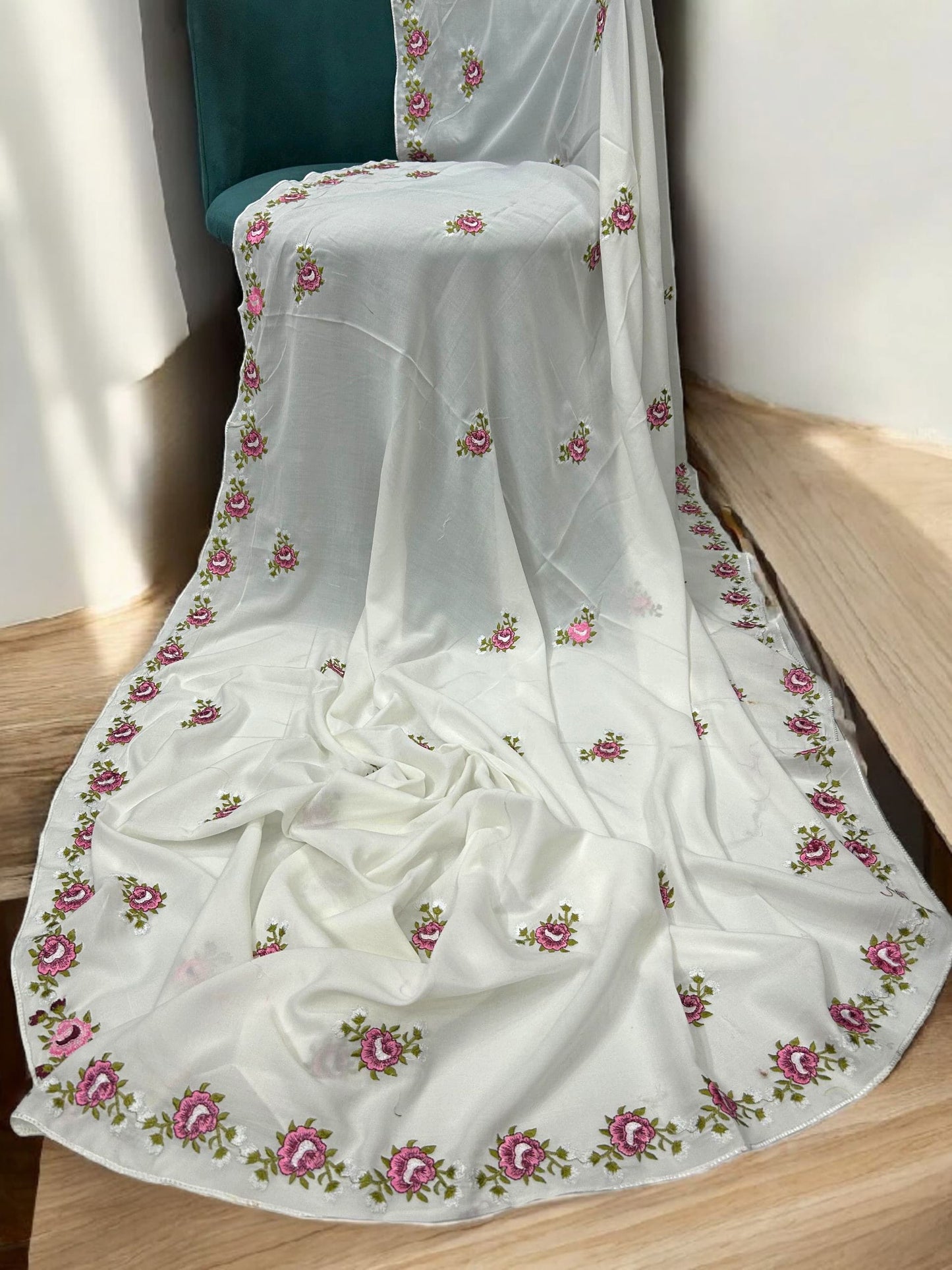 White Pink Floral Garden Embroidered Shaal
