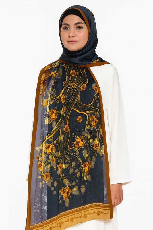 Large Satin Silk Scarf - Midnight Blue Gold Floral