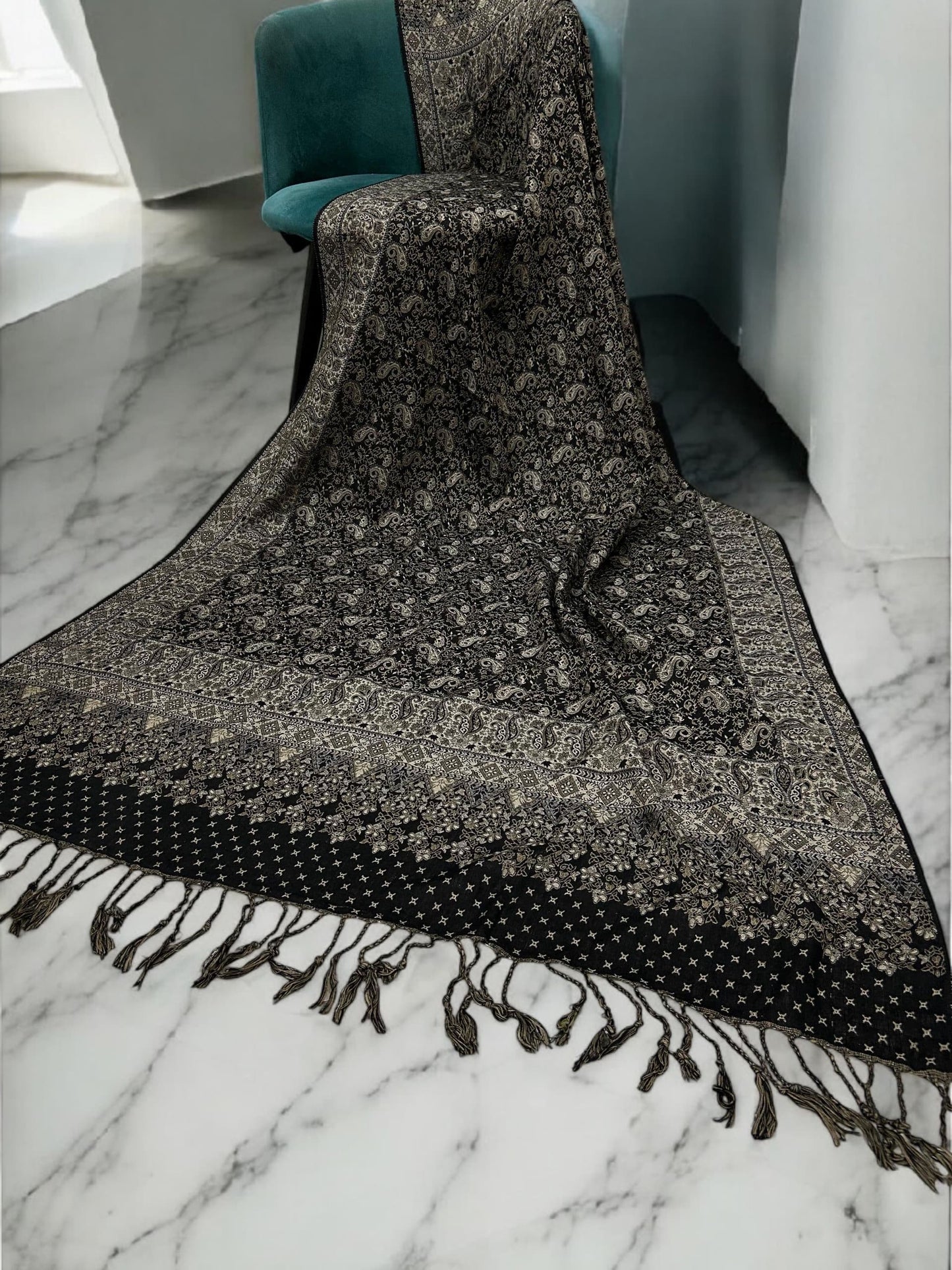 Threadwork Paisley Pashmina Shawl - Black Light Brown
