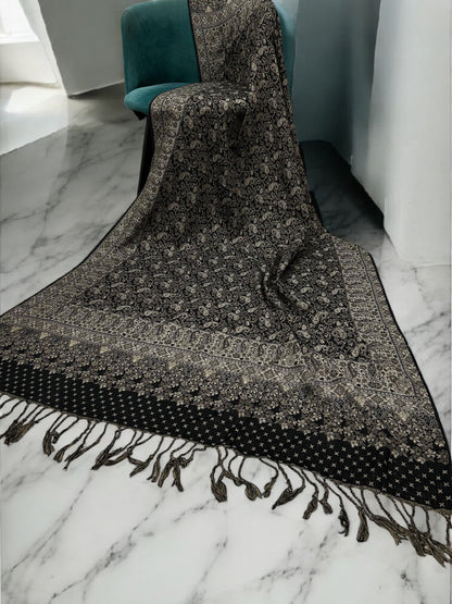Threadwork Paisley Pashmina Shawl - Black Light Brown