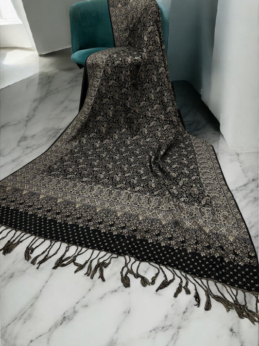 Threadwork Paisley Pashmina Shawl - Black Light Brown