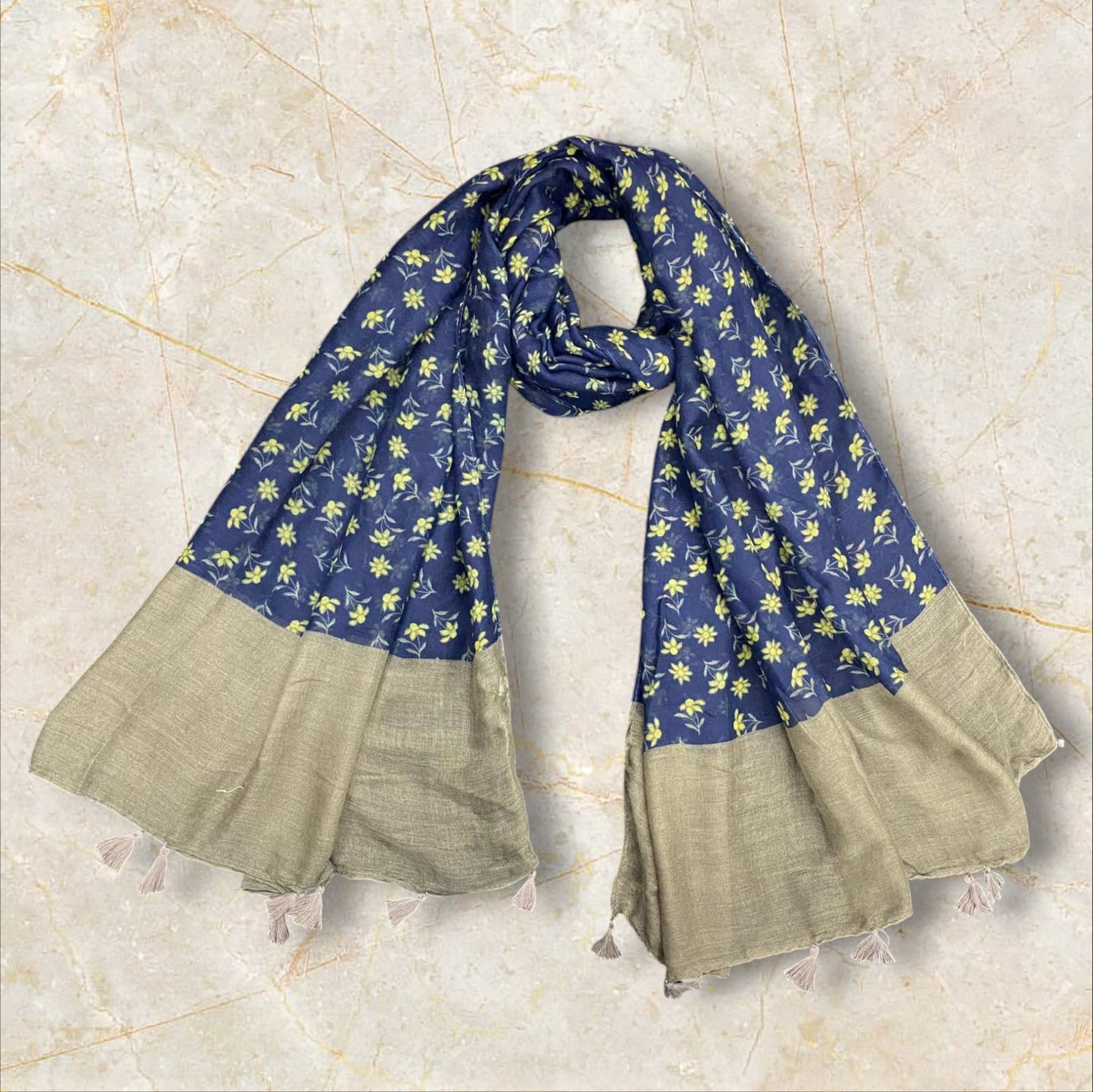 Blue Soil Brown Floral Printed Lawn Tassel Hijab