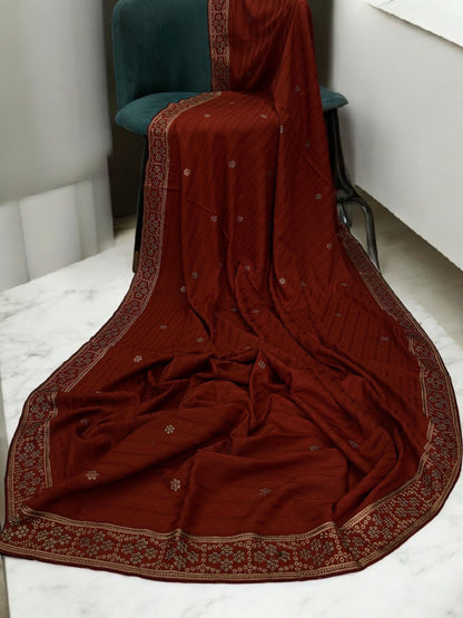 Rust Beige Honeycomb Fancy Self Embroidered Shaal