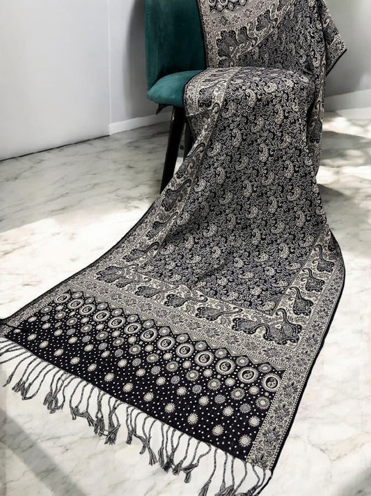 Black Ash White Dotted Two-tone Paisley Pashmina Hijab