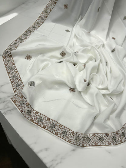Pure White Squares Threadwork Embroidered Border Shaal