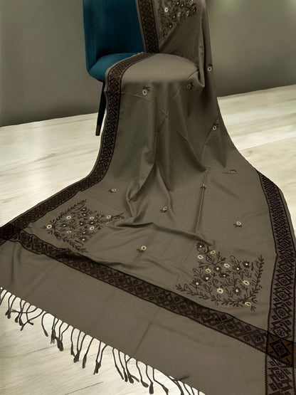 Timber Mahogany Border Embroidered Brown Floral Pashmina Shawl