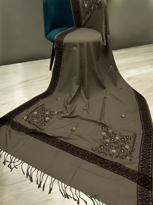 Timber Mahogany Border Embroidered Brown Floral Pashmina Shawl