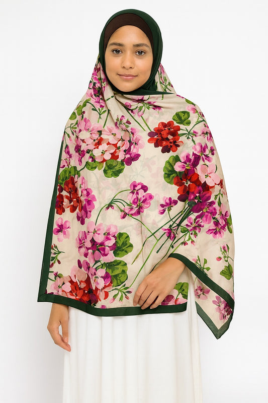Large Satin Silk Scarf - Magenta Red Floral