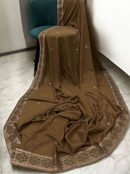 Toffee Brown Beige Honeycomb Fancy Embroidered Shaal