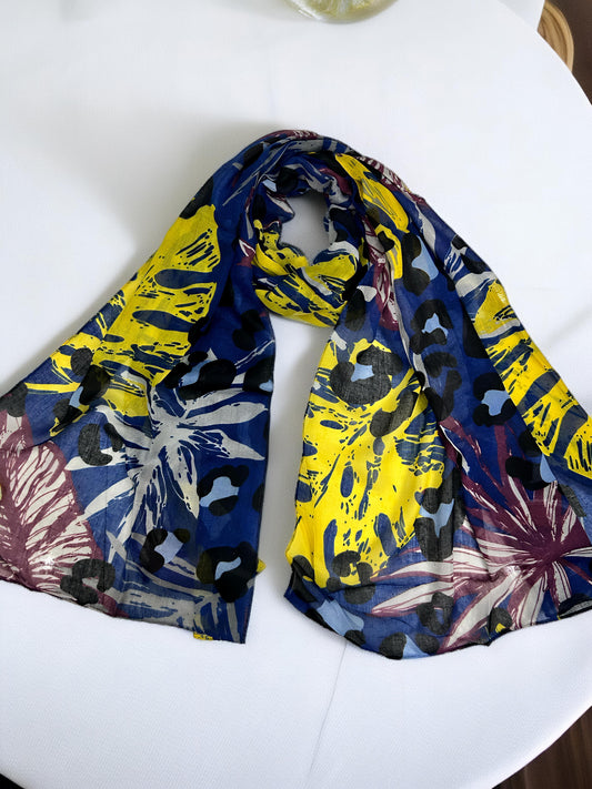 Ink Blue Yellow Leaf Printed Lawn Hijab