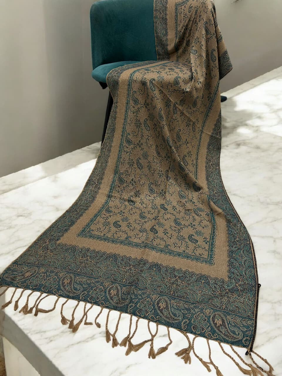 Beige Teal Blue two-tone Paisley Pashmina Hijab
