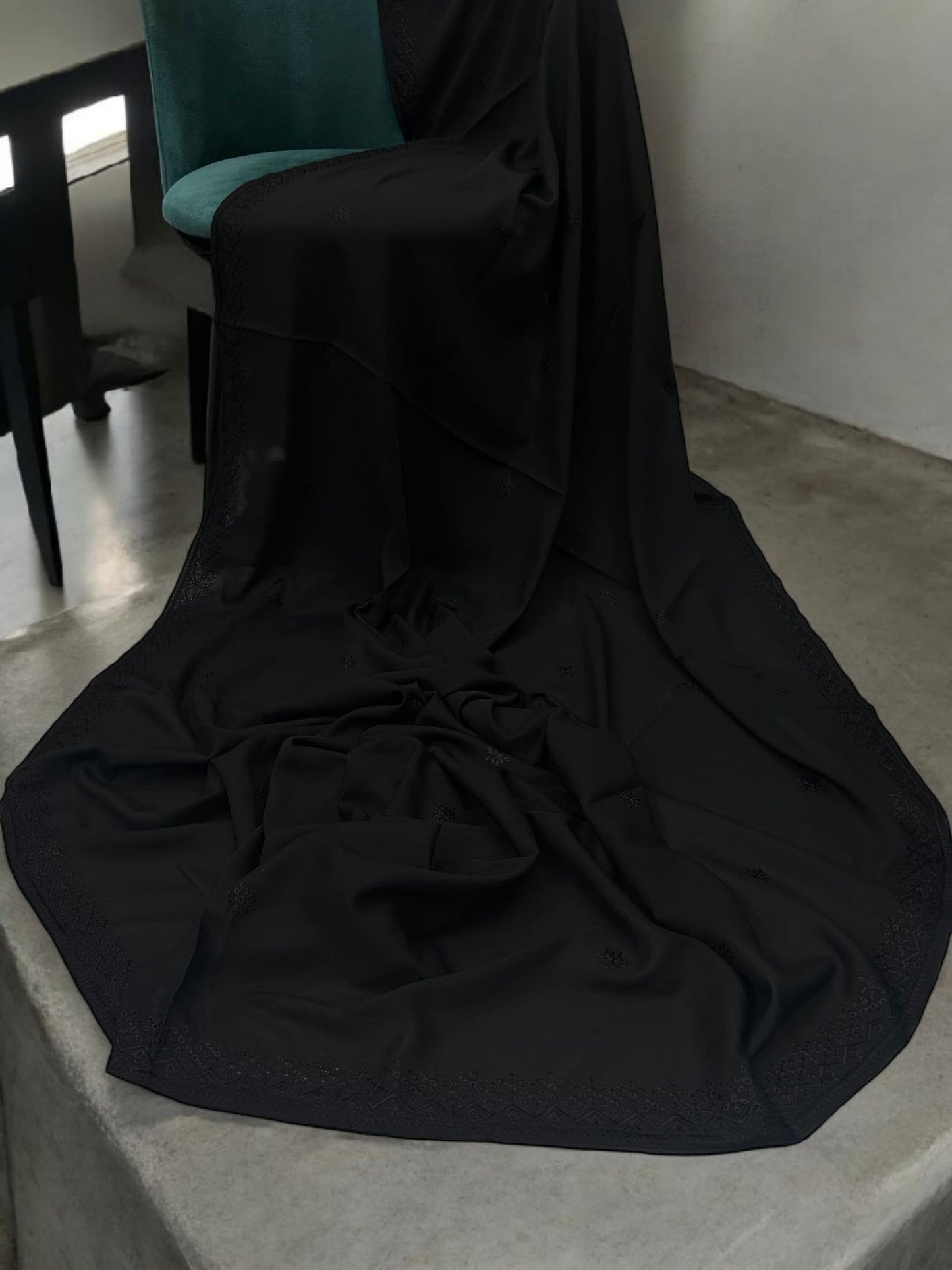 Pure Black Curved Border Embroidered Shaal
