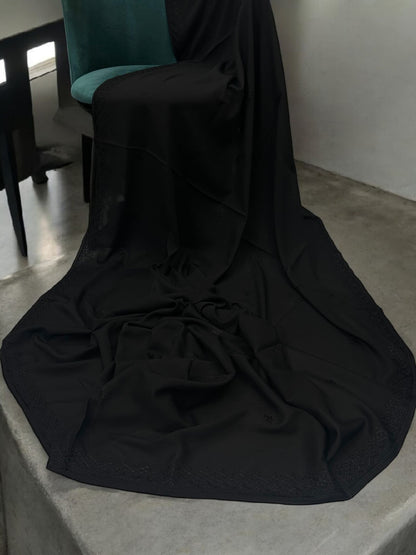 Pure Black Curved Border Embroidered Shaal