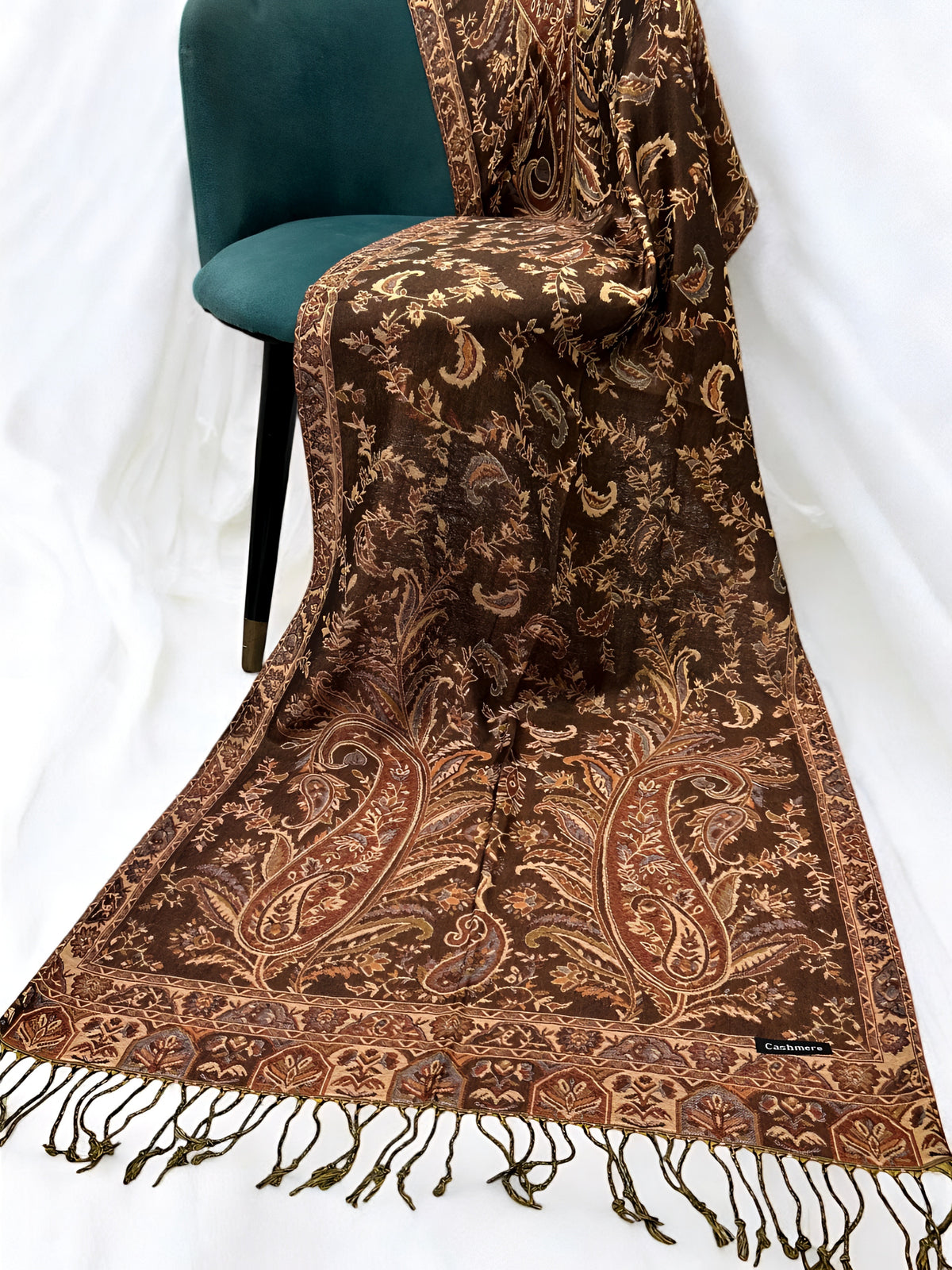 Chocolate Brown Peach Persian Garden Paisley Two-Tone Pashmina Hijab