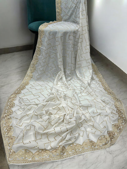 White Gold Sequence Bridal Embroidered Shaal