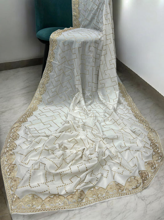 White Gold Sequence Bridal Embroidered Shaal