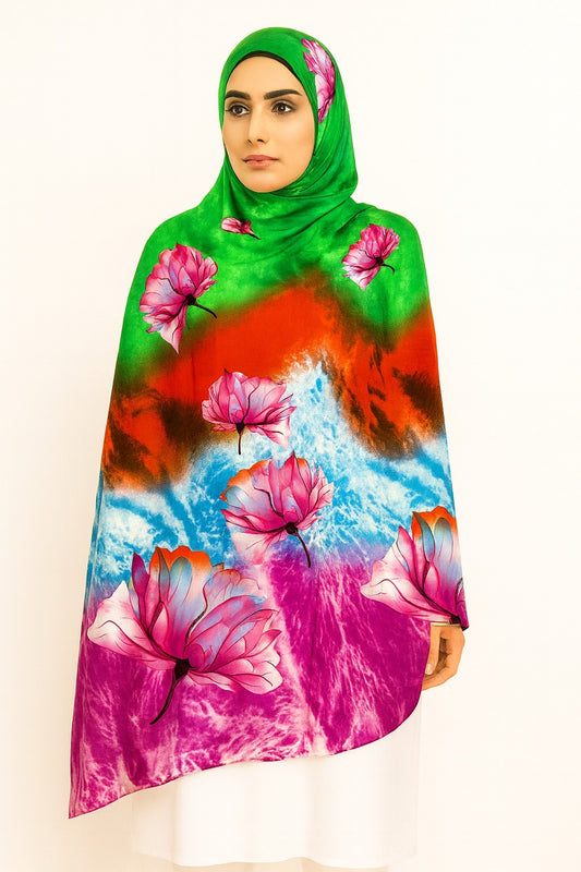 Large Satin Silk Scarf - Pink Green Lotus
