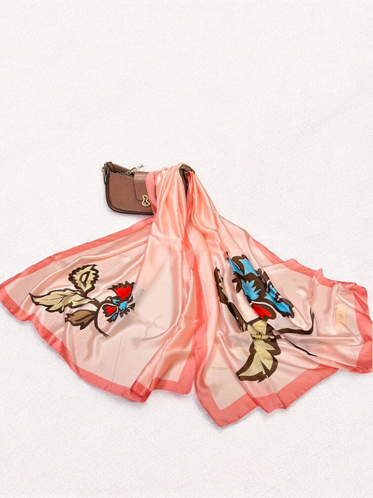 Large Satin Silk Scarf - Peachy Pink Border Floral