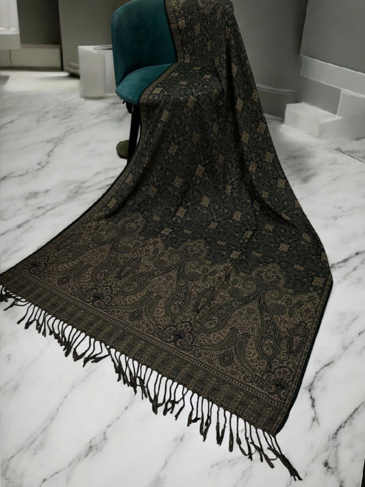 Threadwork Paisley Pashmina Shawl - Uniform Green Beige