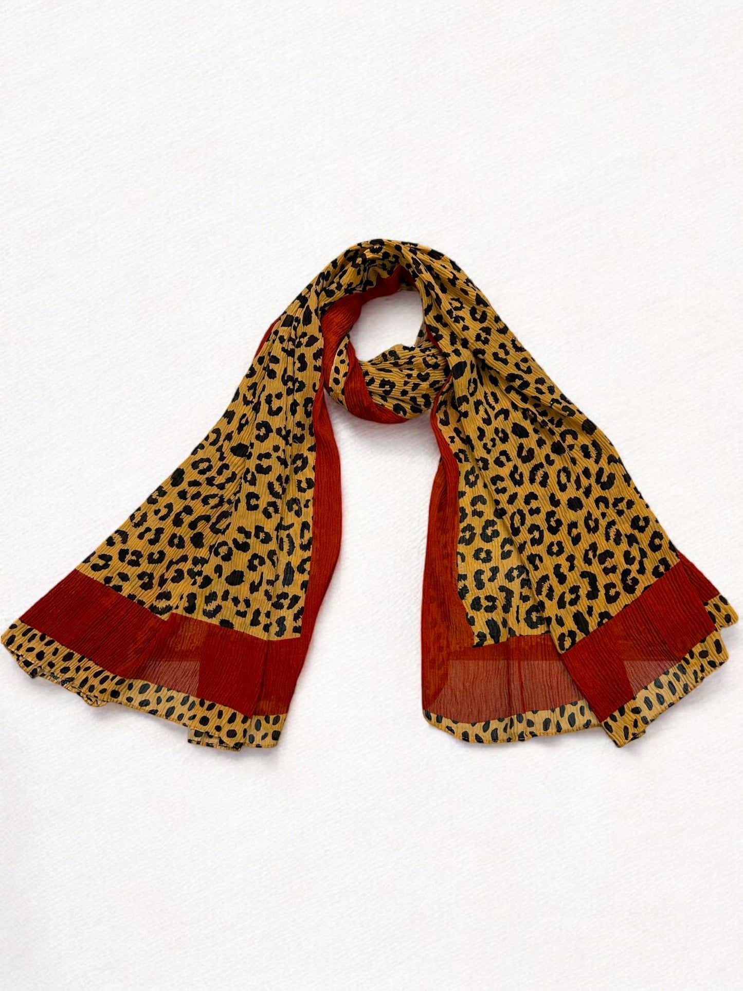 Mustard Rust Plain Border Leopard Printed Pleated Modal Hijab
